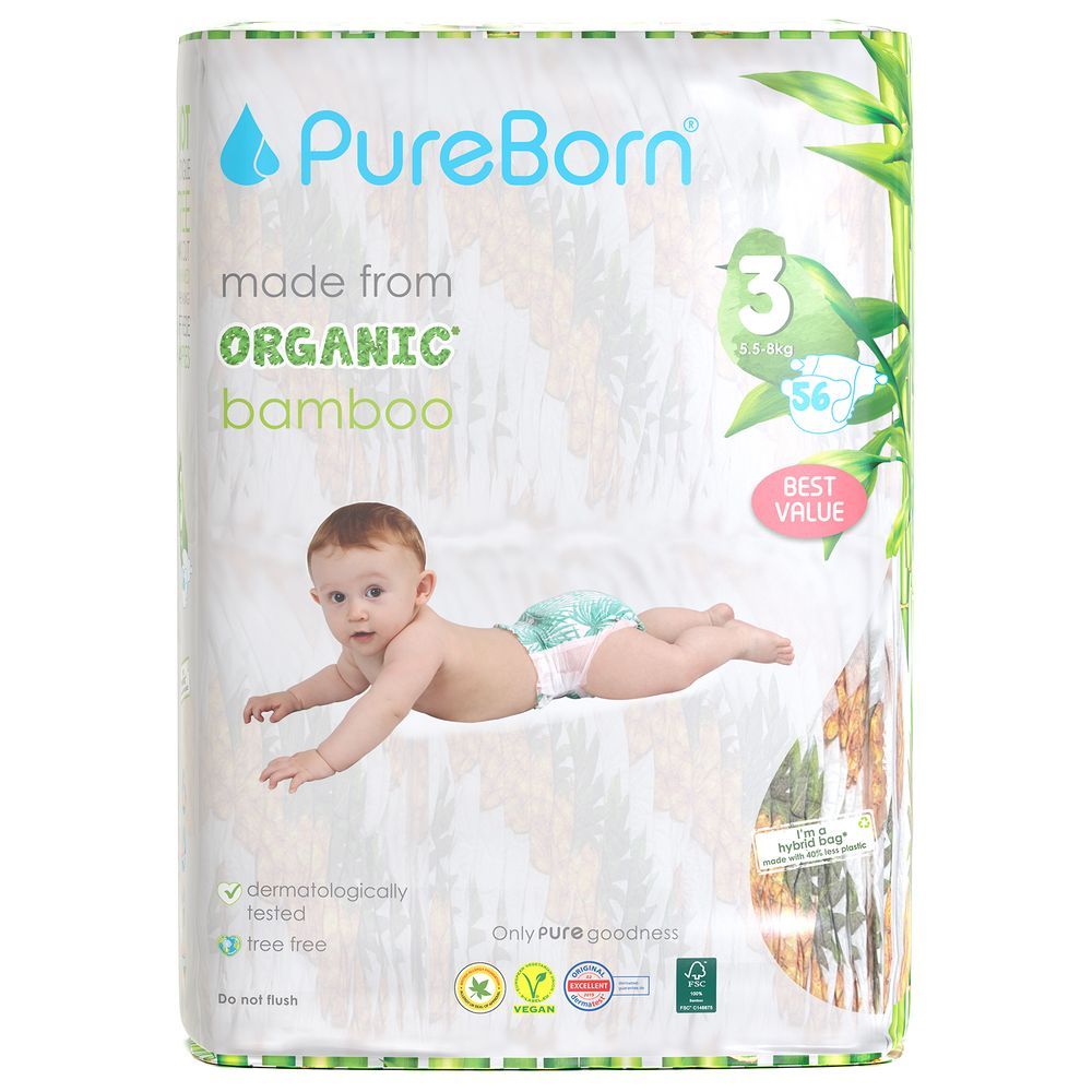 Pureborn - Value Pack Nappies 5.5-8kg Size 3 - 56pcs - Pineapple