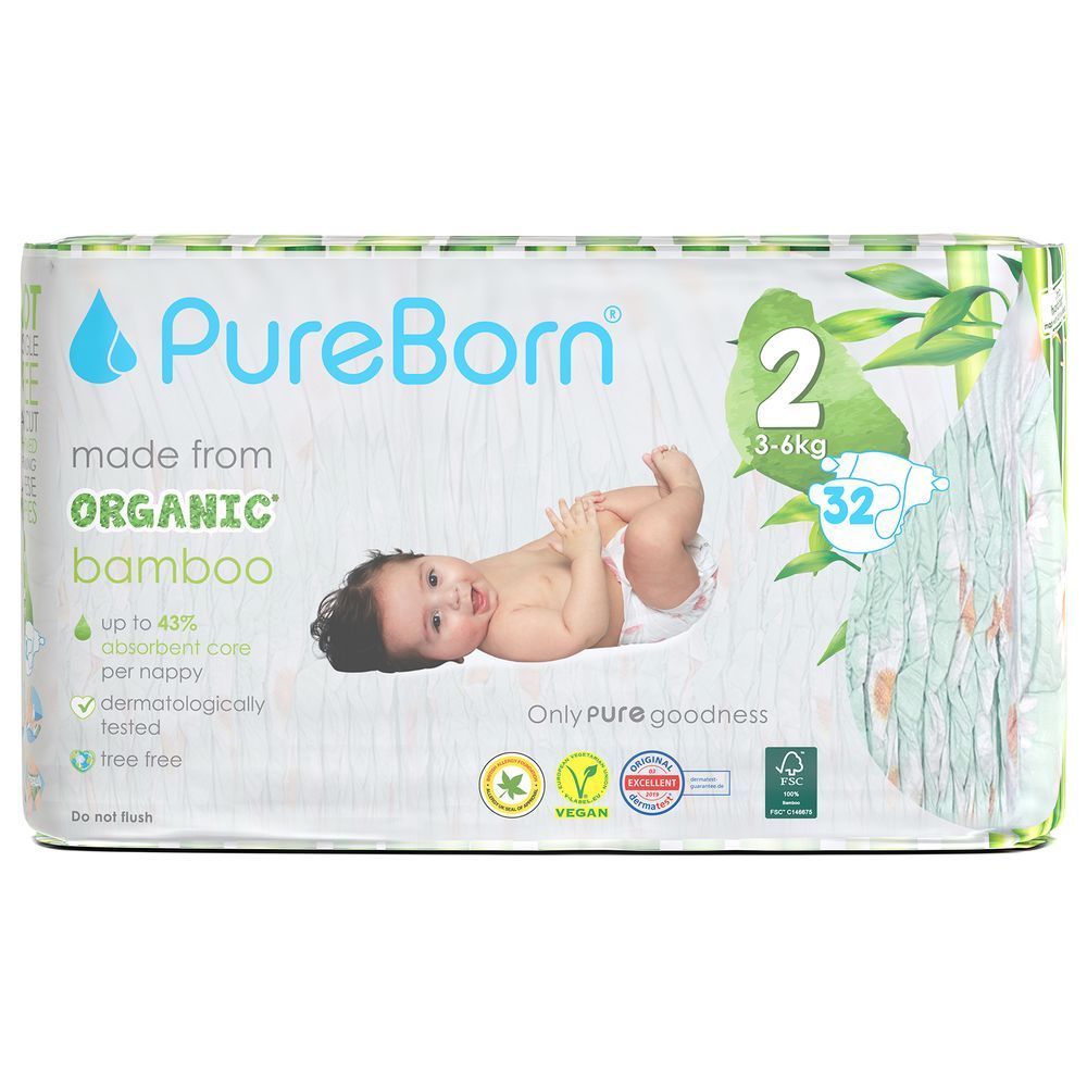 Pureborn - Single Pack Nappies 3-6kg Size 2 - 32pcs - Daisy 