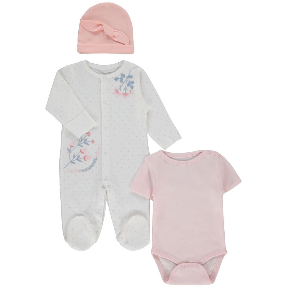 Bebetto - 3pc-Set - Baby Girl's Sleepsuit, Bodysuit & Beanie Cap - Pink/White