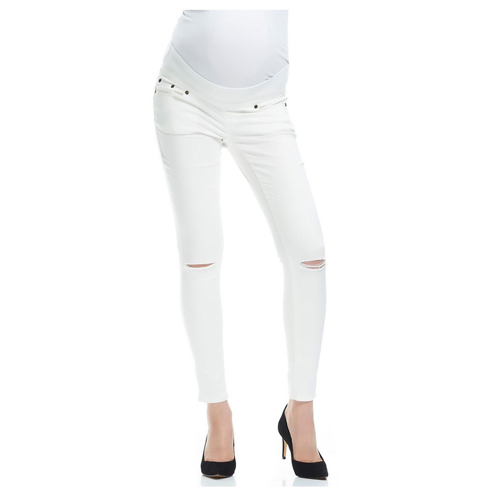 Mums & Bumps -Soon Distressed Maternity Denim - White