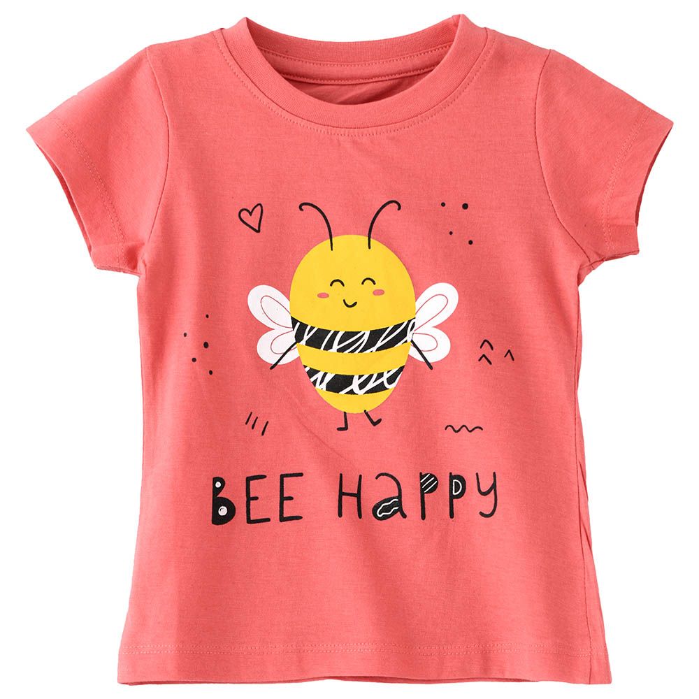 Jelliene - Girls Basic Round Neck Graphic T-Shirt - Coral