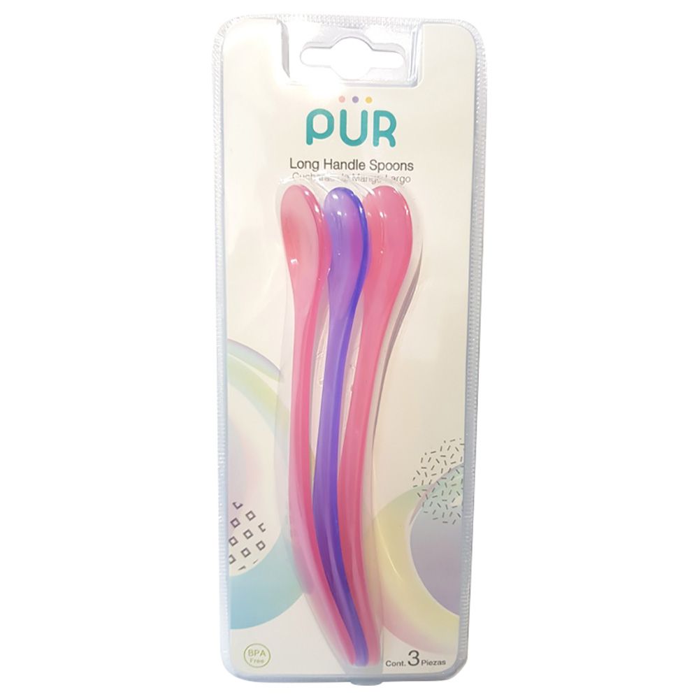 Pur Long Handle Soft Spoon Pack of 3 - Pink & Violet