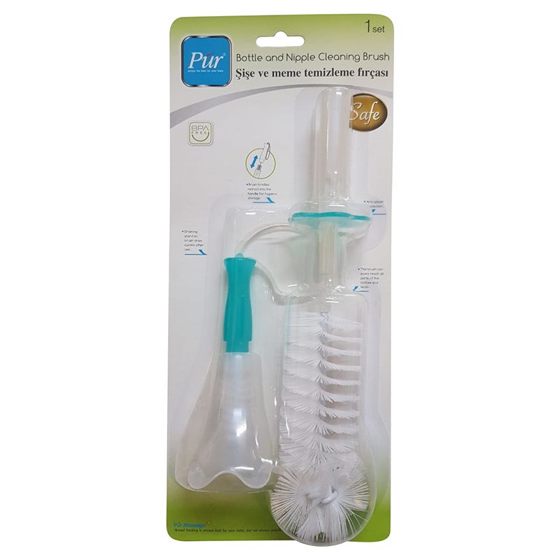 PUR - Bottle & Nipple Brushes with Stand For Draining - Blue