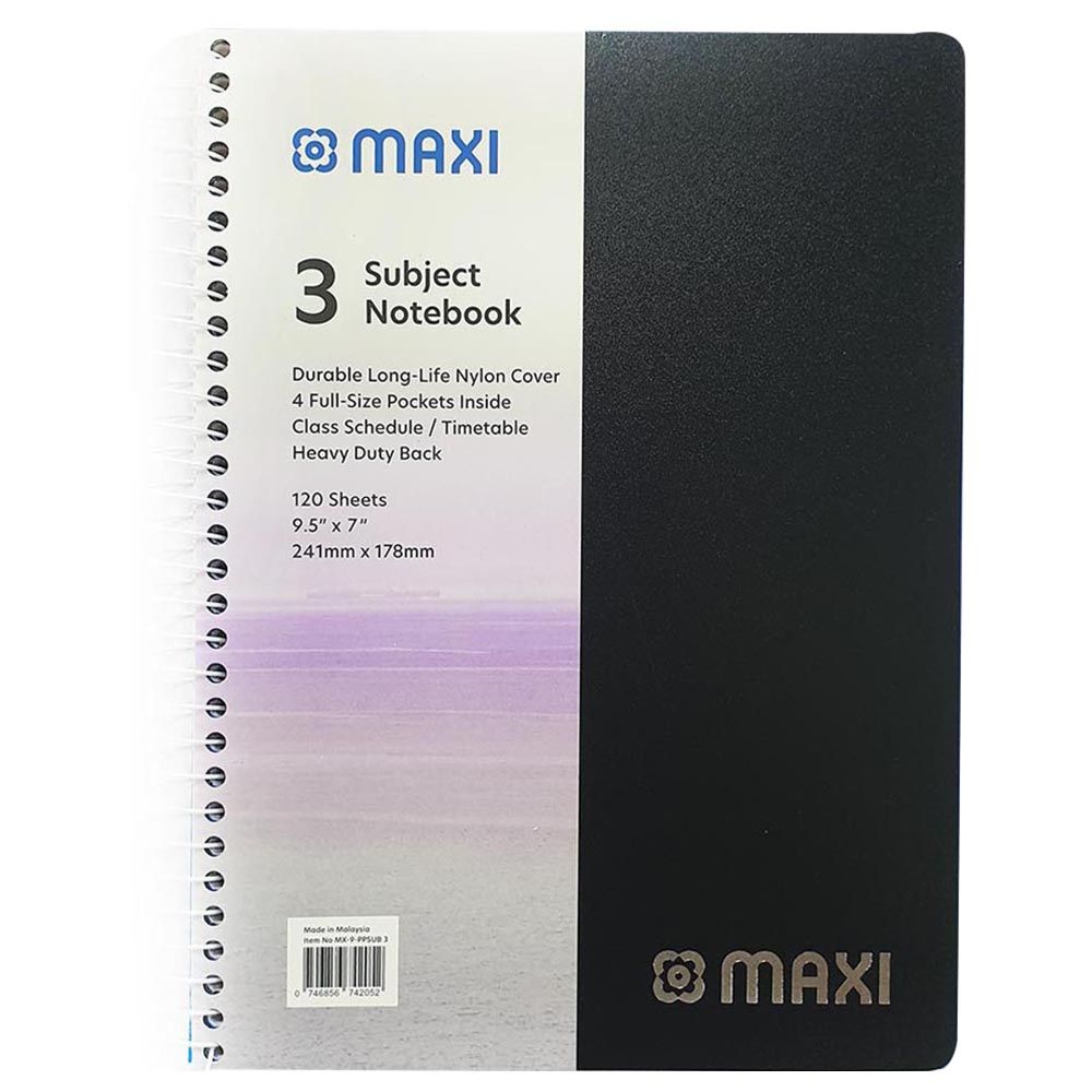 Maxi - 120 Sheets Spiral 3 Subjects Notebook 9.5" x 7
