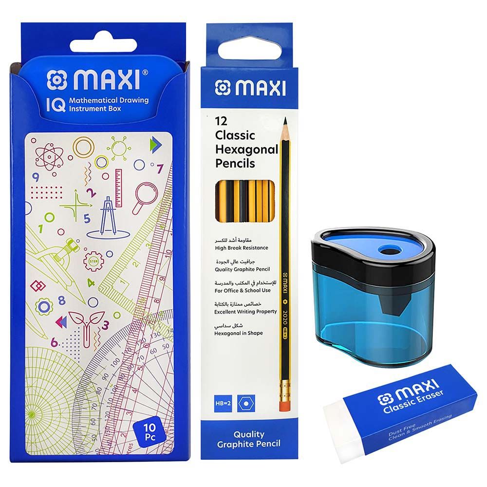 Maxi - Geometry Box & Graphite Pencil Hb & Sharpner w/ Eraser