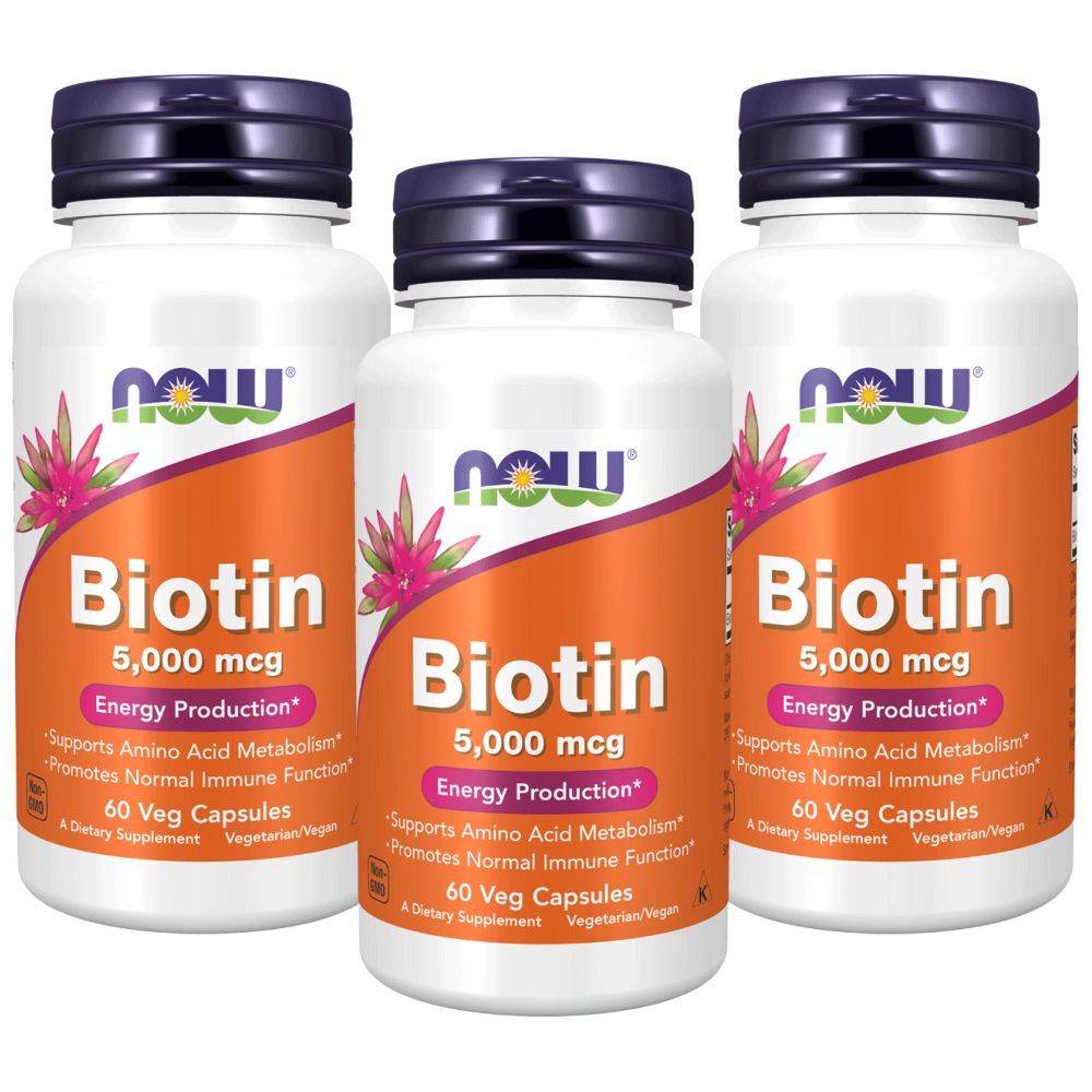 Now Foods Biotin 5000 Mcg 60 Veg Capsules Pack of 3