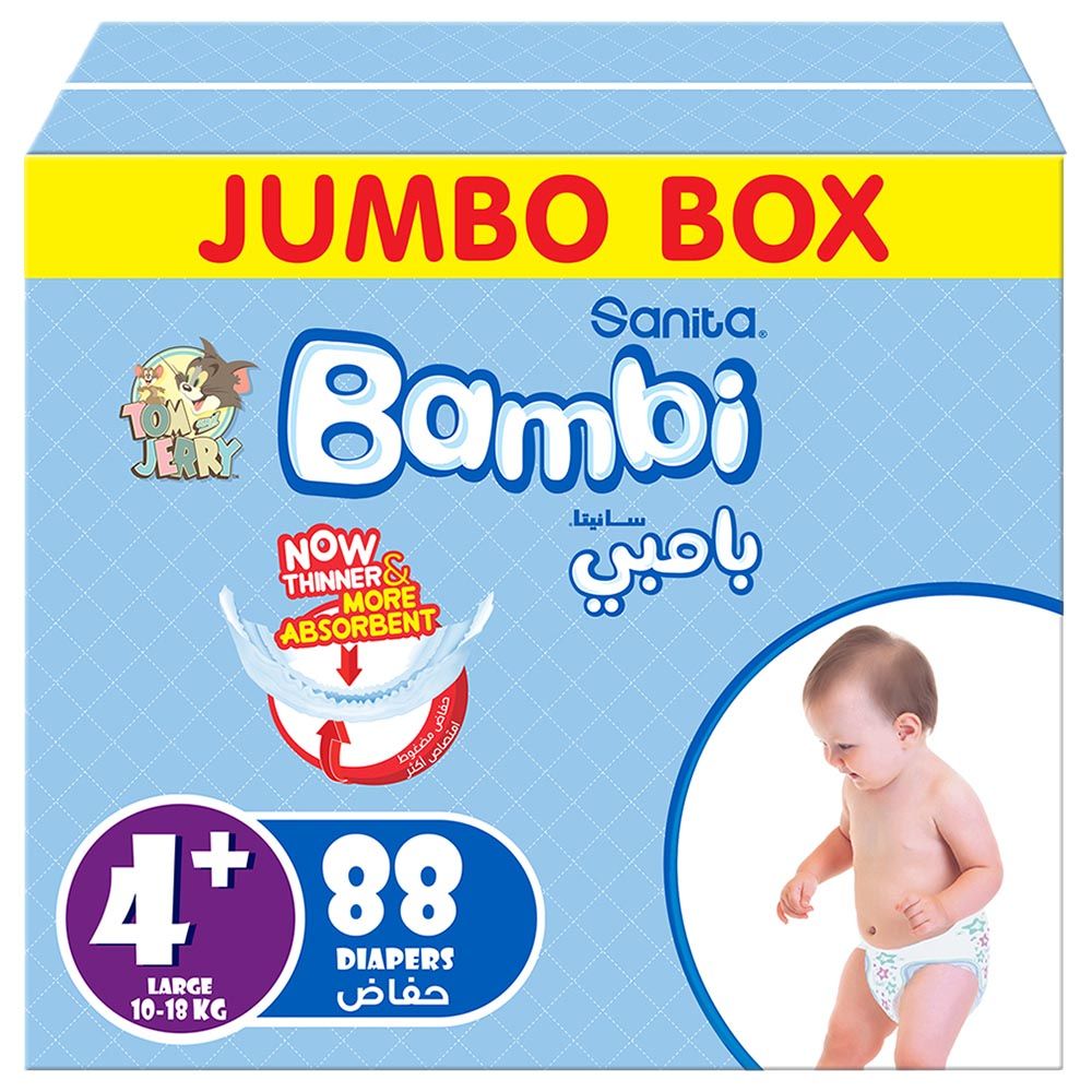 Sanita Bambi - Baby Diapers Jumbo Box Size 4+, Large plus, 10-18 KG, 88 Count