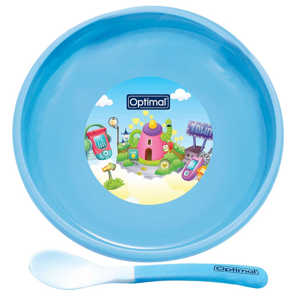 أوبتيمال - صحن طعام مانع للانزلاق مع ملعقة - أزرق