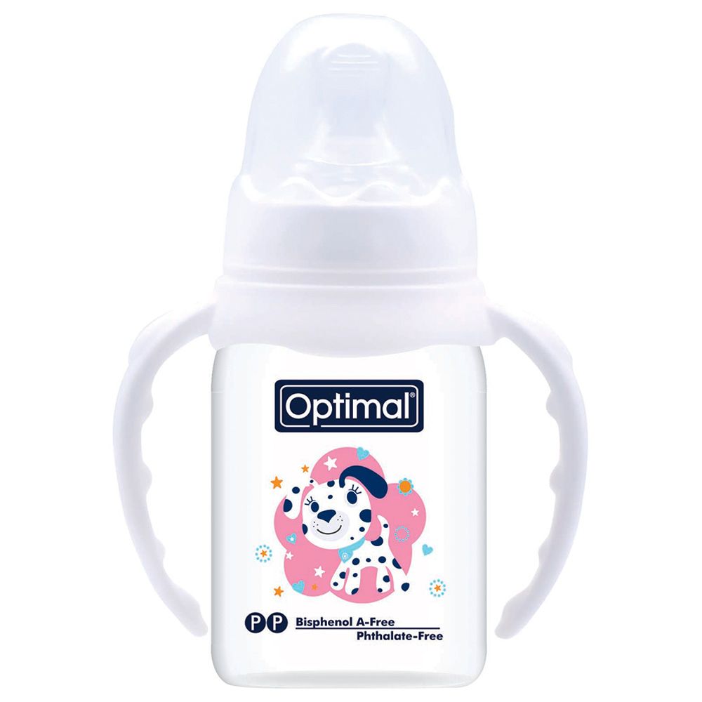 أوبتيمال - رضاعة تقويمية بمقبض - 140 مل - أبيض