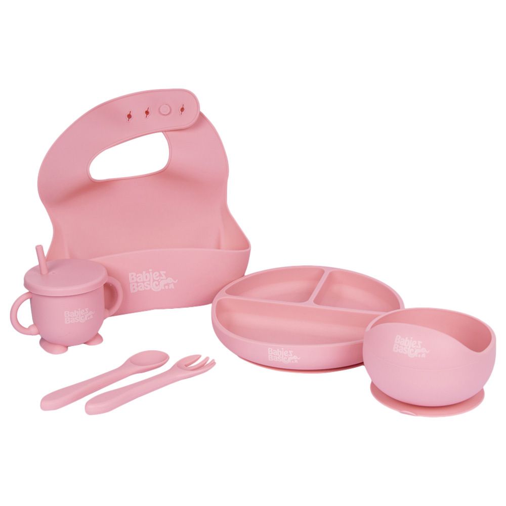 Babies Basic - Silicone Plate, Bowl, Cup,Spoon & Fork Set - 6pcs - Pink