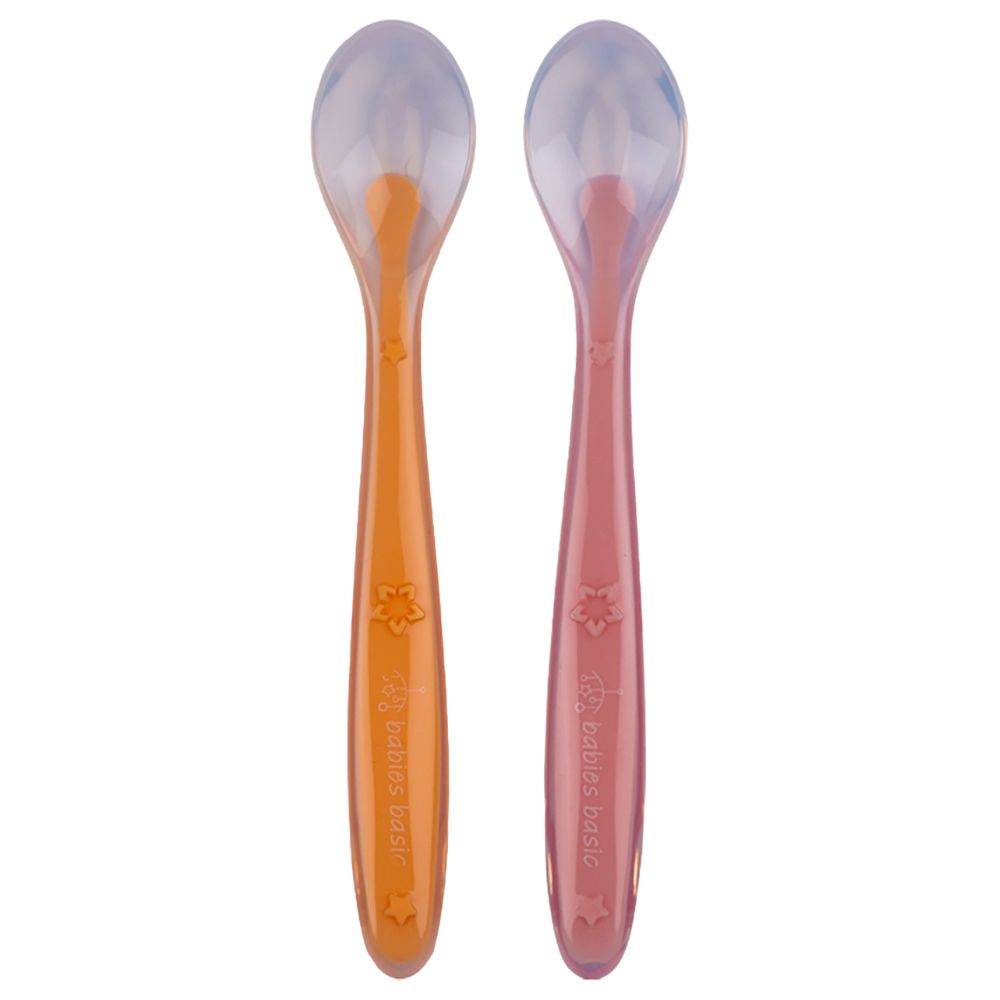 Babies Basic - Silicone Spoon Set w/ Travel Case - Set Of 2 - Pink/Orange