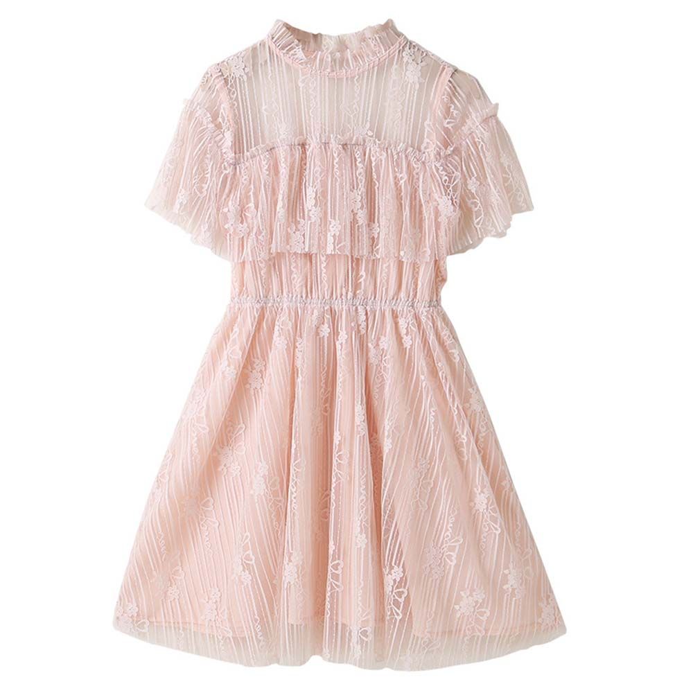 Sugar Rush - Laced Square Neck Short Sleeves Dress - Pink