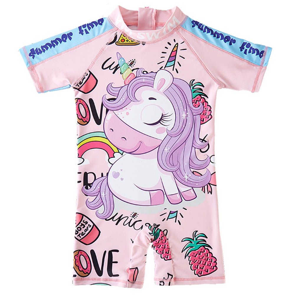 Sugar Rush - Unicorn High-Neck Short Sleeves Swimsuit - Pink