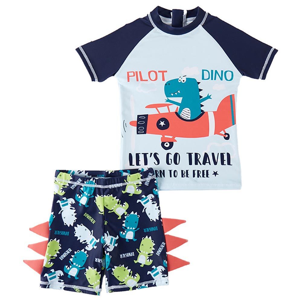 Sugar Rush - 2pc-Set - Dino Print Round Neck Swimwear - Blue