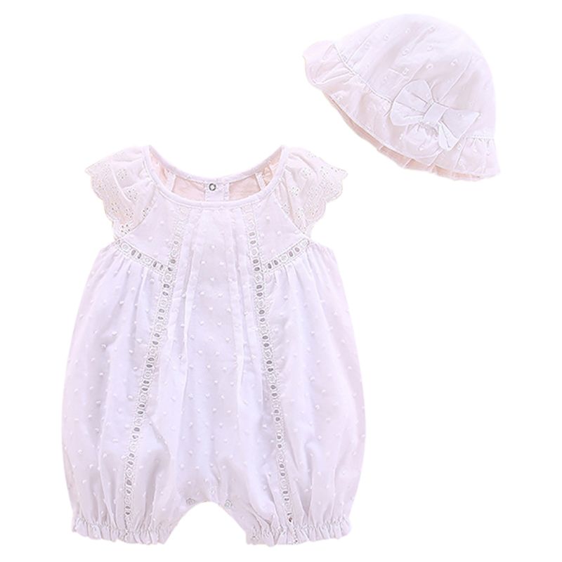Sugar Rush - Appliqued Romper With Bow Hat - White