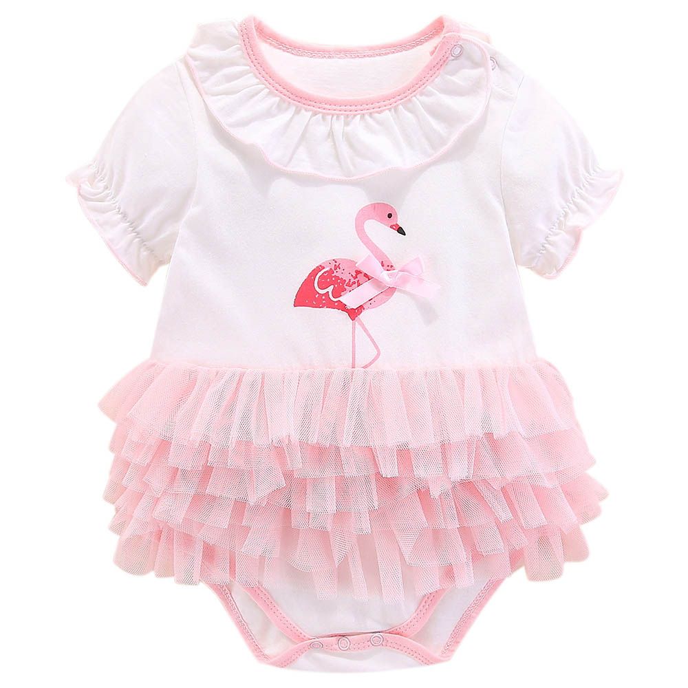 Sugar Rush - Flamingo Printed Laced Romper - White