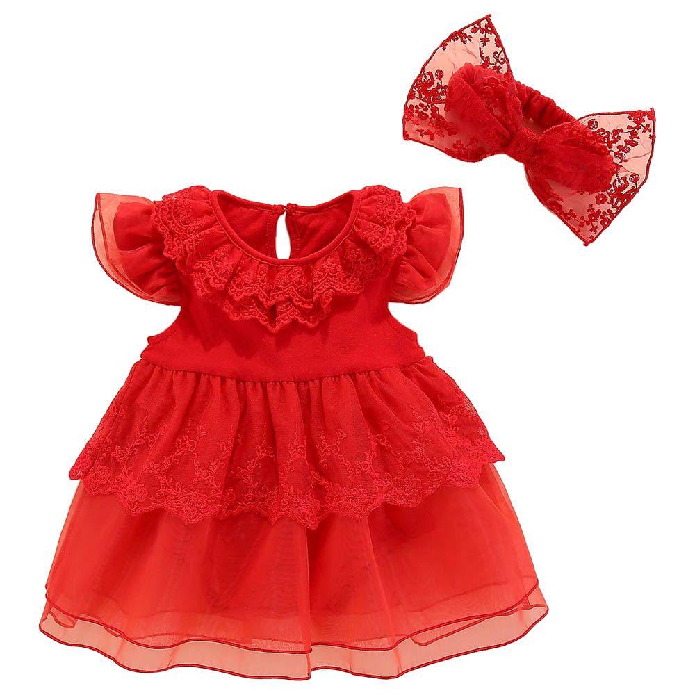 Sugar Rush - Laced Romper With Bow Headband - Red_0m-12m