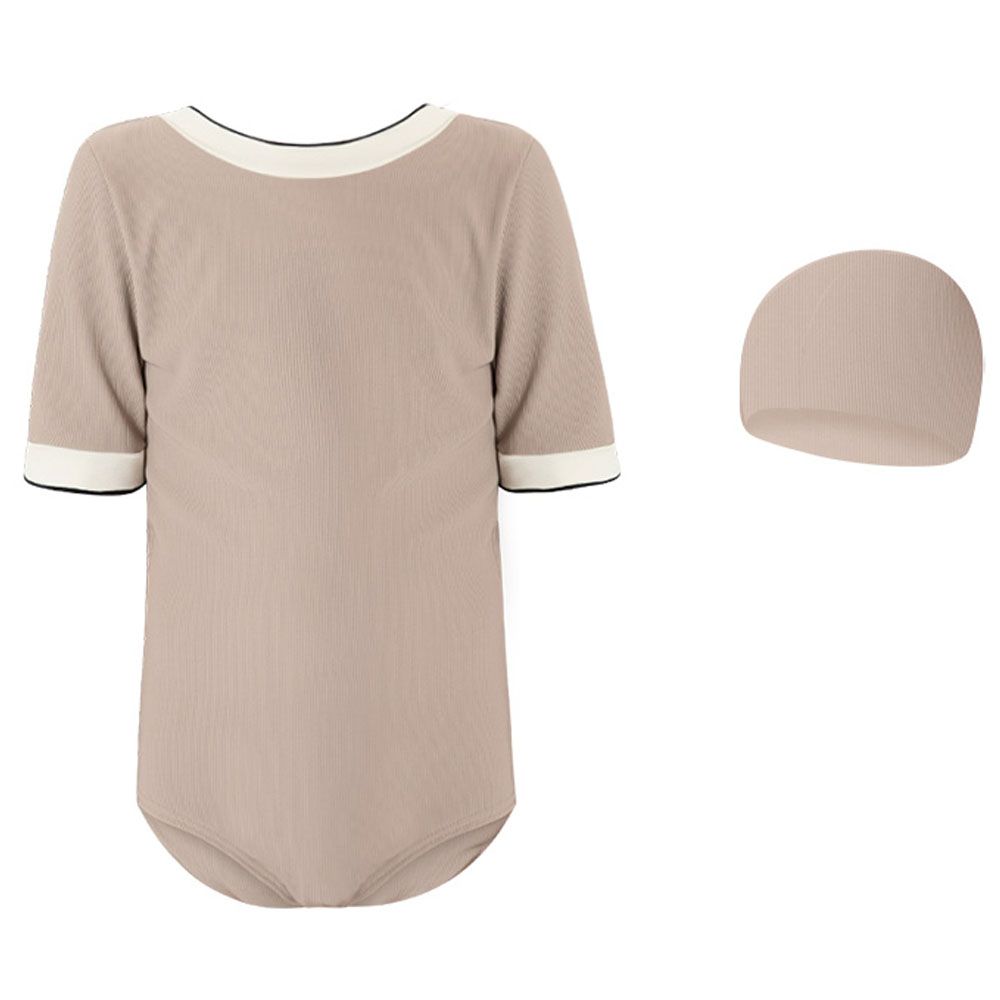 Sugar Rush - Solid Round Neck Short Sleeves Swimsuit - Beige