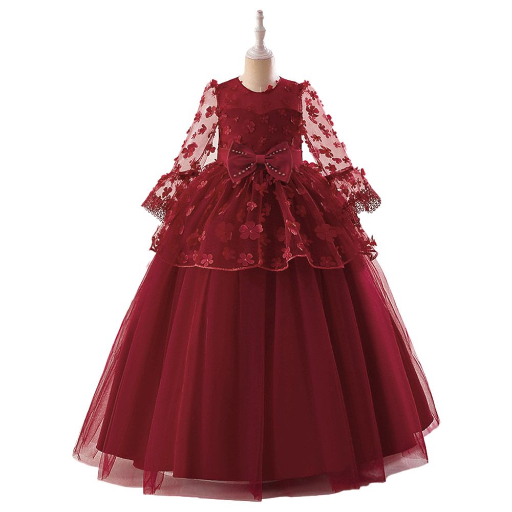 Sugar Rush - Appliqued Full Sleeves Party Dress - Maroon