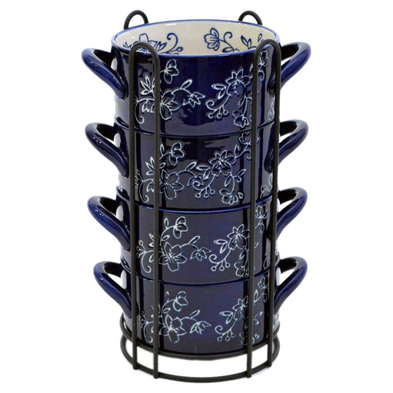 Temp-Tations - Floral Lace Set Of 4 Baker W/ Rack - Blue