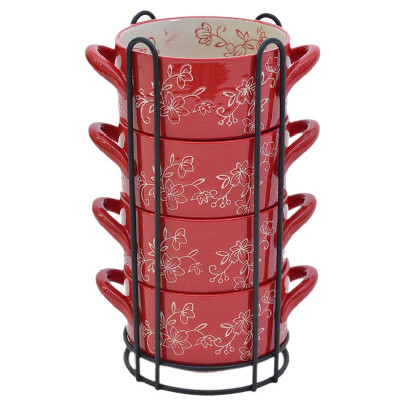 Temp-Tations - Floral Lace Set Of 4 Baker W/ Rack - Red
