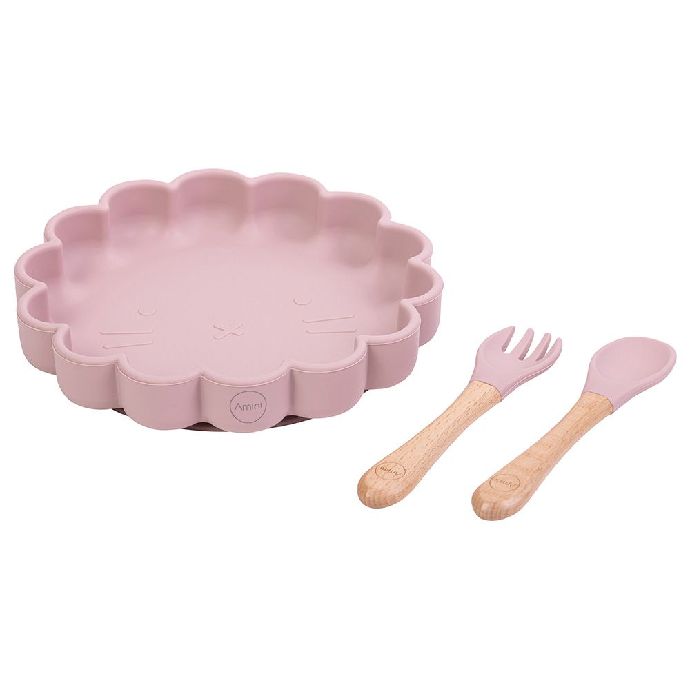 A'ish Home - Kids Amini Cat Plate w/ Spoon & Fork - Pink