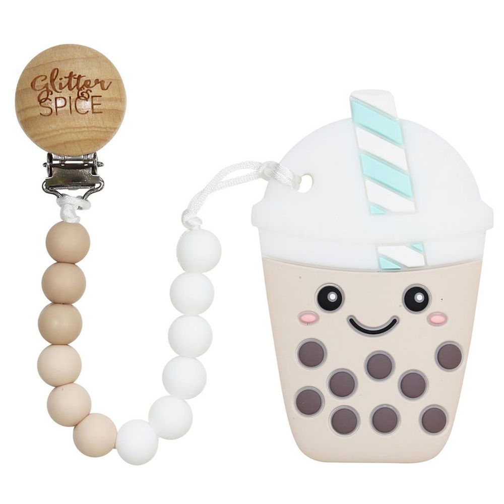 Glitter & Spice - Bubble Tea Silicone Teether W/ Clip - Beige
