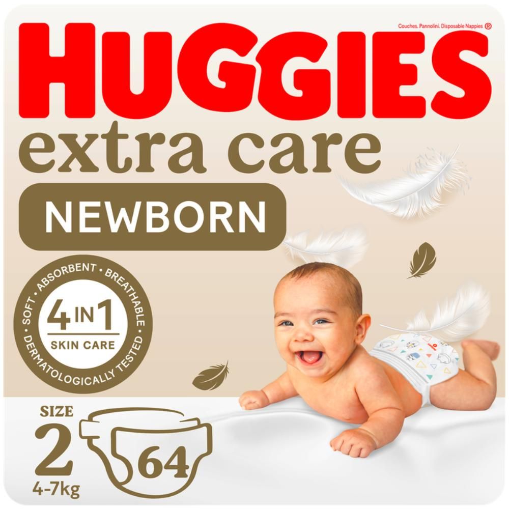 Huggies - Extra Care Newborn, Size 2, 4 - 6 kg, Jumbo Pack, 64 Diapers