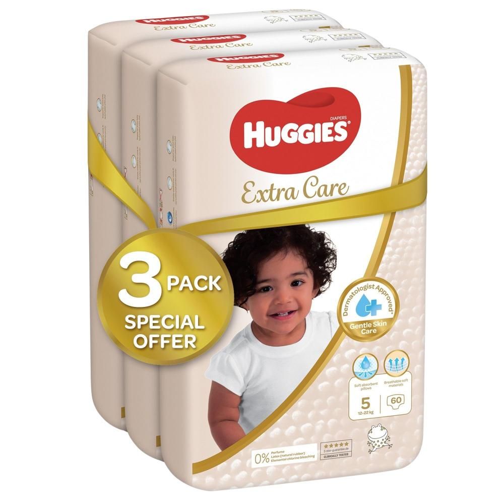 Huggies - Extra Care Baby Diapers, Size 5, 12 -22 kg, Super Mega Pack, 180 Diapers - Pack of 3 - Packaging May Vary