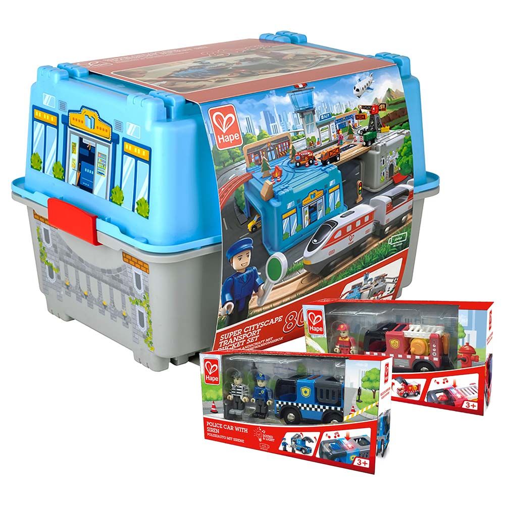 Hape - Cityscape Transport Train w/ Police & Fire Truck Playset - 85pcs