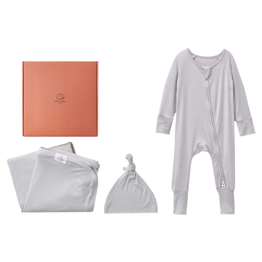 Anvi Baby - Bamboo Swaddle & Sleep Suit Newborn Gift Set - Grey