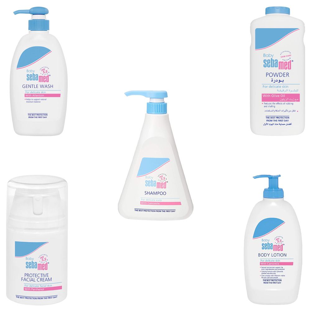 Sebamed 5-in-1 Baby Skincare Set – Lotion, Wash, Face Cream, Mild Shampoo & Powder
