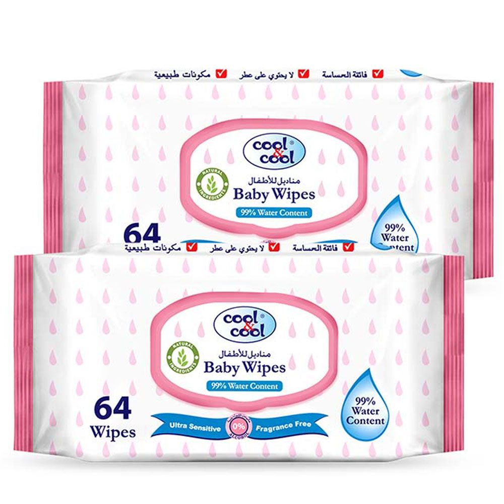 Cool & Cool - Baby Wipes 64's x2, 128 Counts
