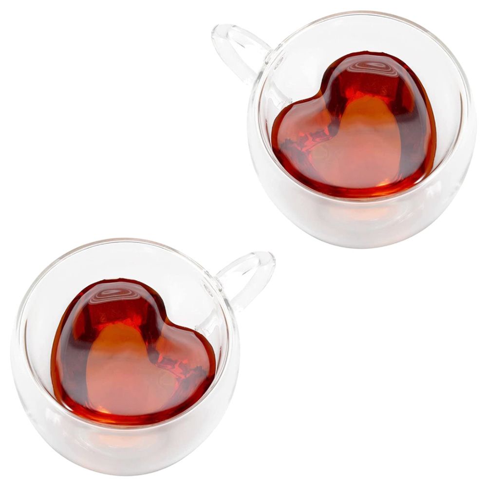 1Chase - Double Wall Heart Shape Glass Coffee Mug With Handle 250 ml Pack of 2 
