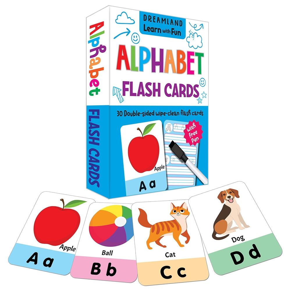 Flash Cards Alphabet - 30 Double Sided Wipe Clean Flash Cards For Kids (With Free Pen)