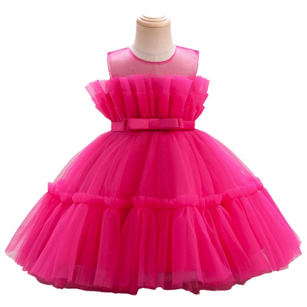 D' Daniela - Toddler Girls Bow Front Mesh Gown - Hot Pink