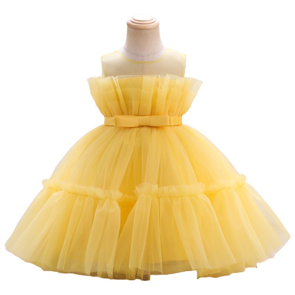 D' Daniela - Toddler Girls Bow Front Mesh Gown - Yellow