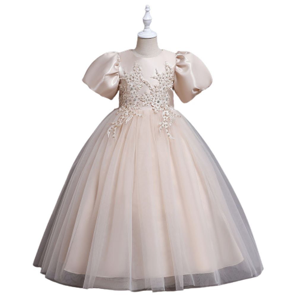 D' Daniela - Puff Sleeve Long Tulle Pearl Dress - Cream