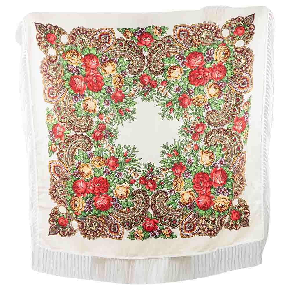 D' Daniela - Traditional Print Shawl - L - Off White W/ Gold