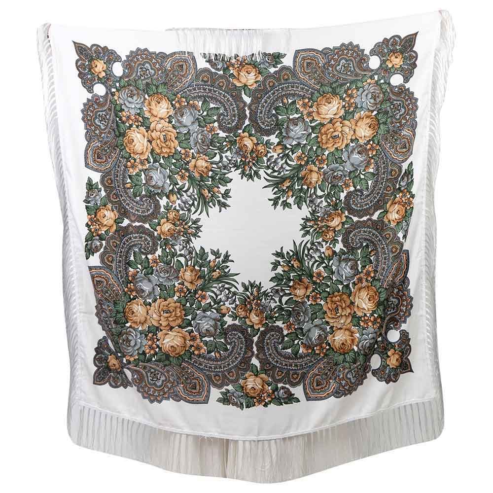 D' Daniela - Traditional Print Shawl - L - White W/ Grey/Gold