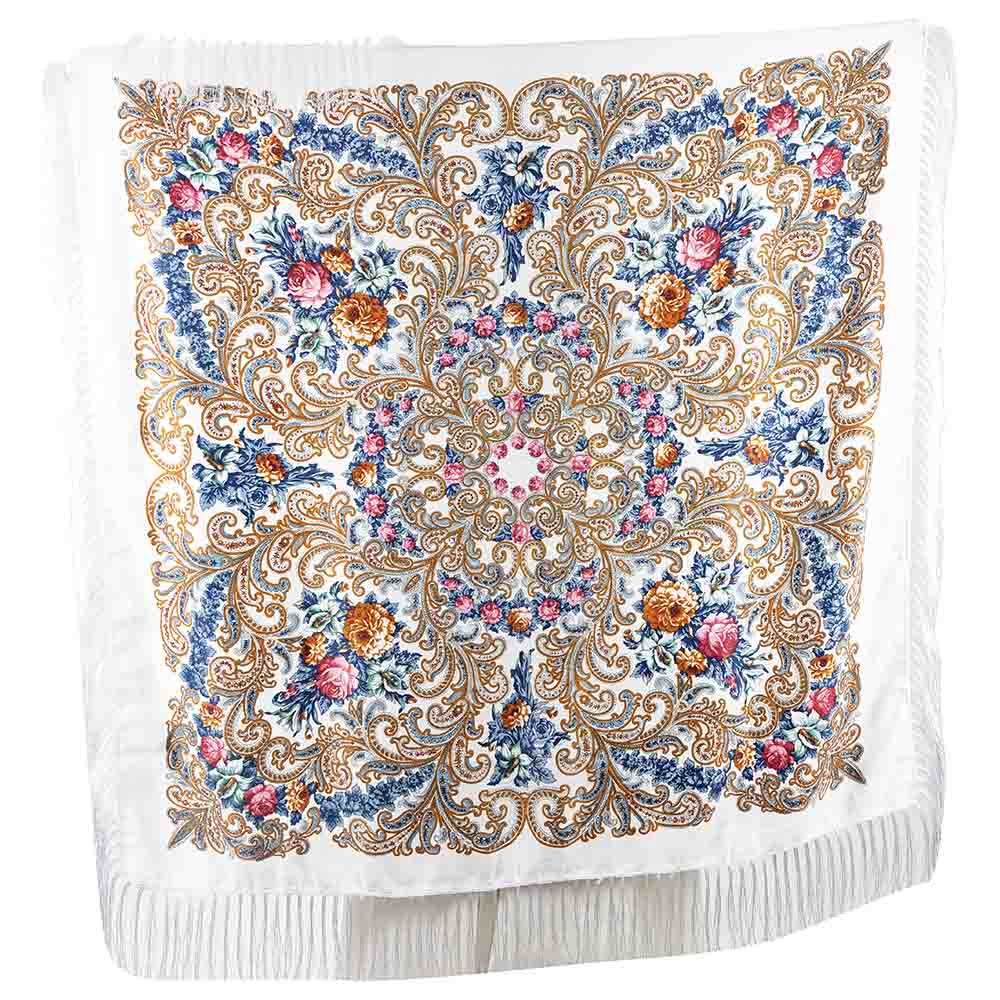 D' Daniela - Traditional Print Shawl - M - White W/ Blue