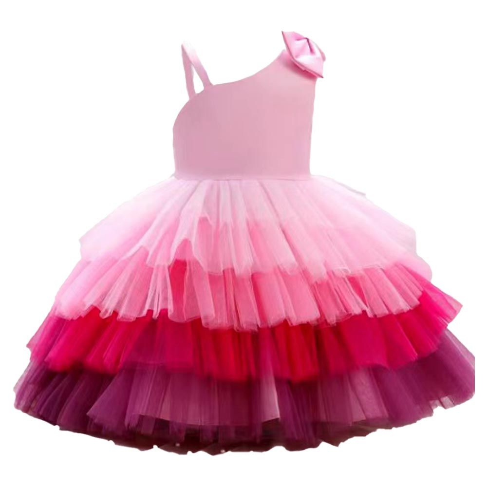 Ddaniela - Girls Bow Front Side Layered Dress - Pink 
