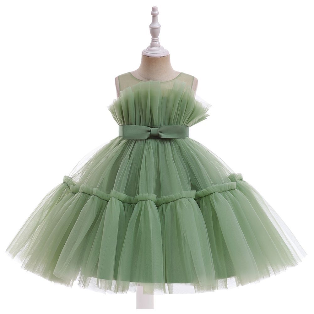 D' Daniela - Ruffle Hem Mesh Gown Dress - Olive Green