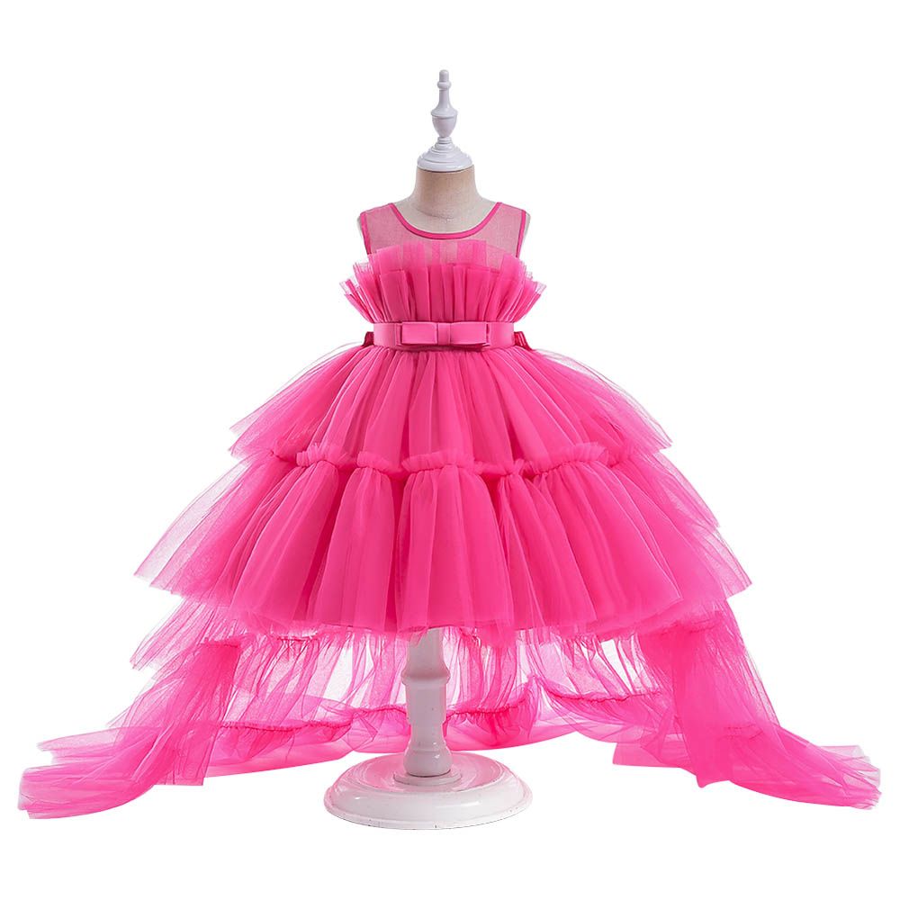 D' Daniela - Girls Bow Front Ruffle Hem Mesh Gown - Hot Pink