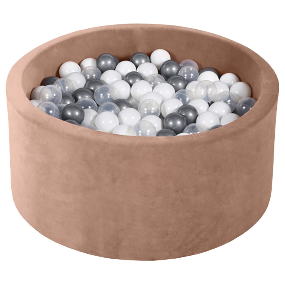 Ezzro - Round Ball Pit Velvet Mocha W/ 100 Balls - White/Silver