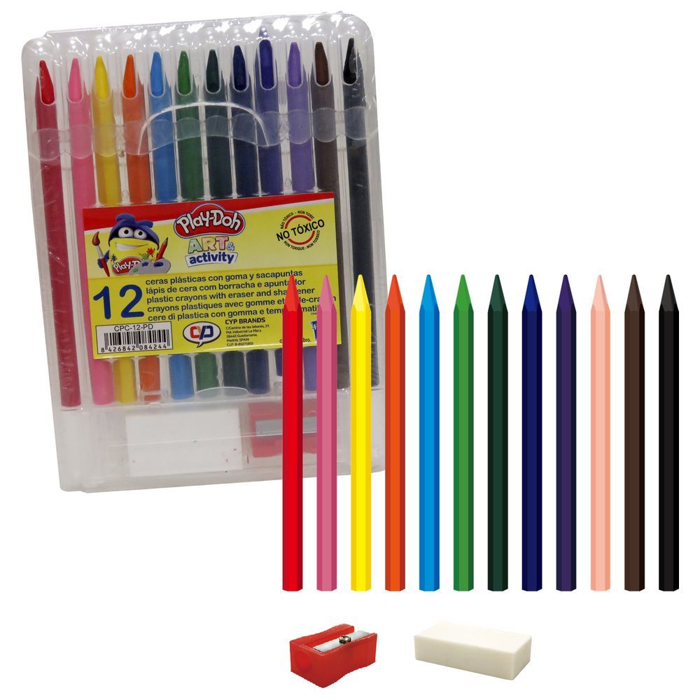 Play Doh - 12 Colors Wax Crayon W/ Eraser & Sharpener
