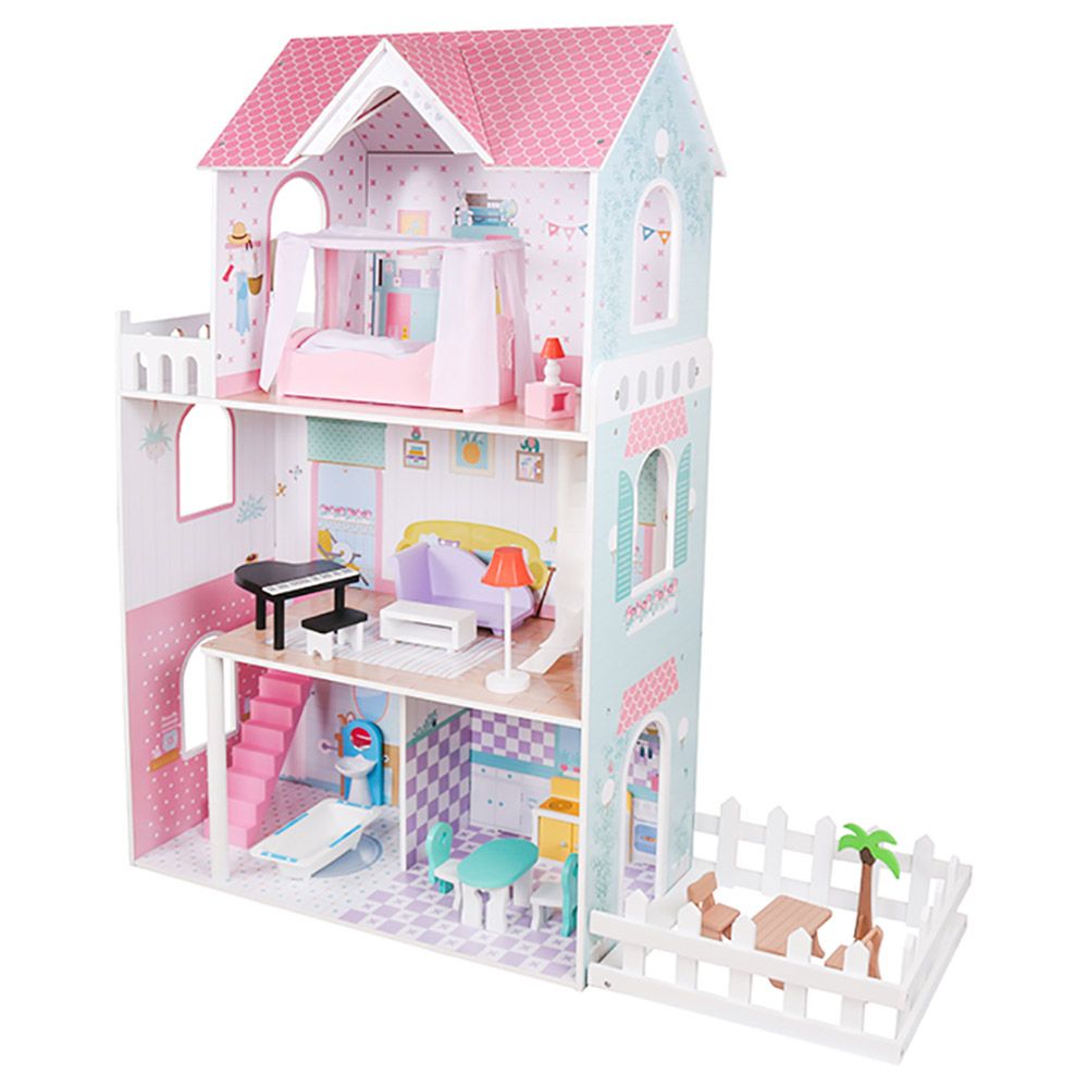 Little Angel - Luxury Wooden Dollhouse For Kids W/ Furniture & Garden - Pink