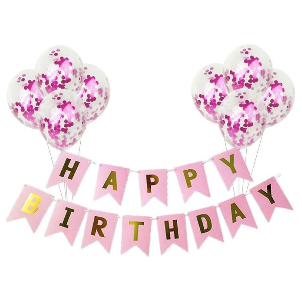 Highland - Pink Happy Birthday Banner & Confetti Balloon Set for Girl's 9pc