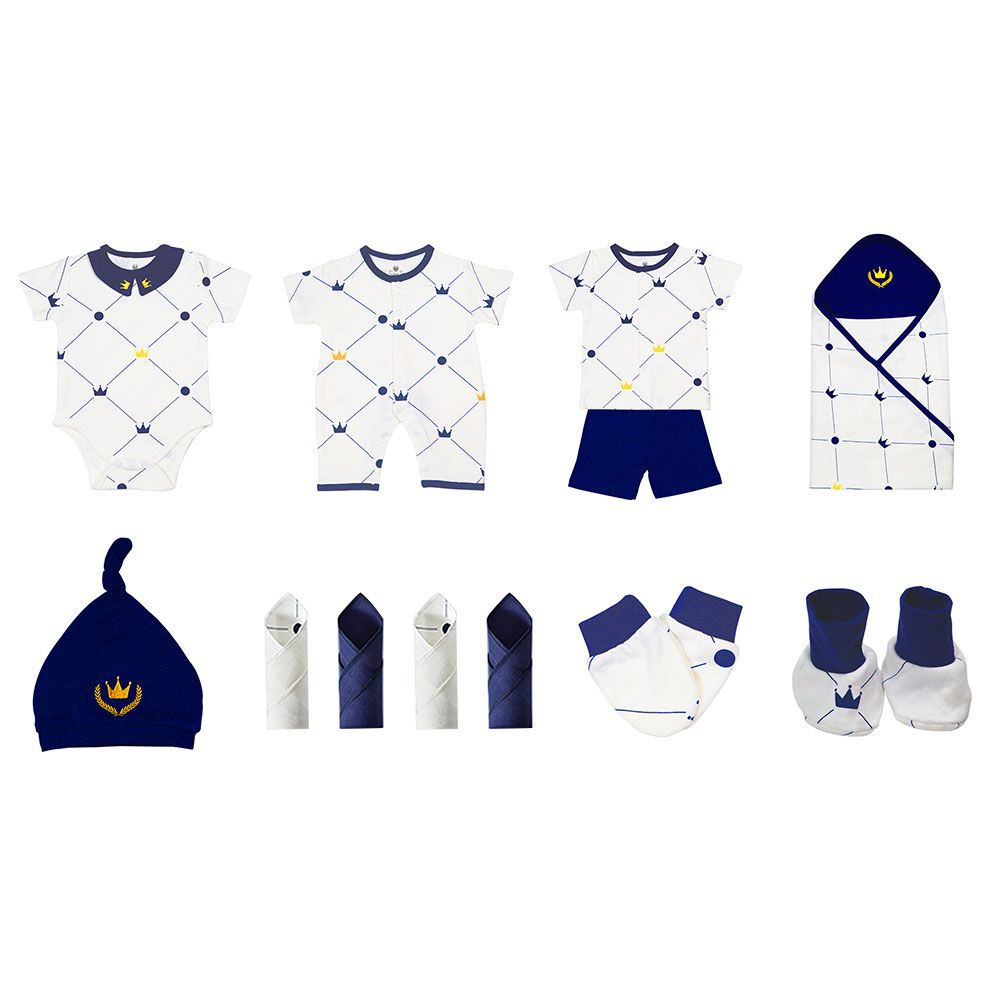 Tiny Toes - 100% Cotton Newborn Gift Set - Blue Crown - 8 Pcs
