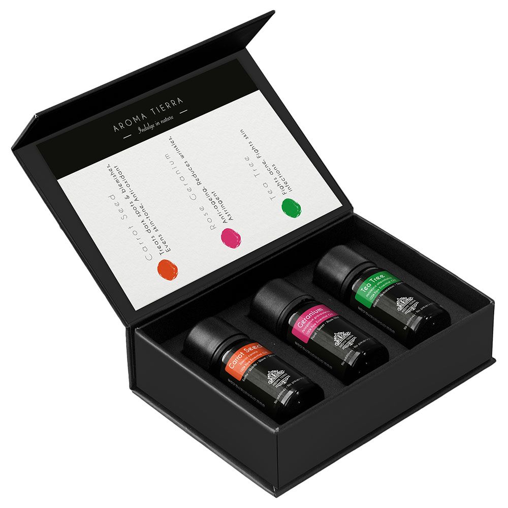 Aroma Tierra - Skin Care Essential Oil Set - Tea Tree, Carrot Seed and Geranium